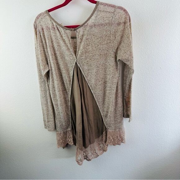 Andor Vogue Tan Lace Hem Linen Blend Mixed Media Long Sleeve Tunic Size S - Picture 3 of 3